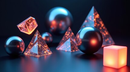 Explore stunning 3D geometric shapes with vibrant neon lights for modern graphic design and futuristic technology concepts in your next project