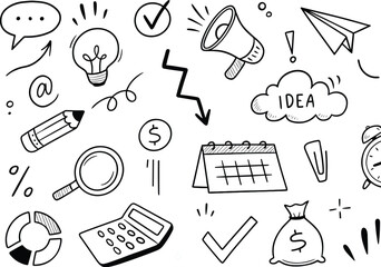 Black and White Doodle Icons for Business and Finance with a Clock and Paperclip illustration