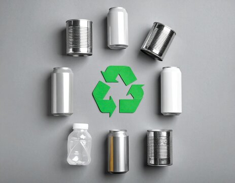 Recycling symbol made of metal cans for sustainability concept