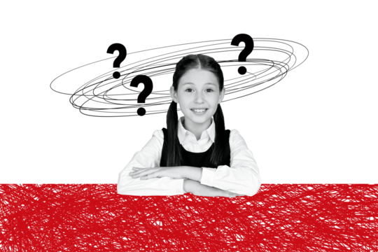 Collage 3d image retro sketch of funny girl question mark school day shopping kids education concept magazine billboard comics zine minimal