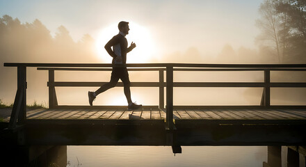 A silhouette of a man runs across a wooden bridge in the early morning sun through foggy conditions to get exercise.
