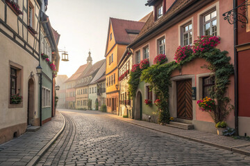 Quaint street scene in a European village, showcasing architecture and old-world charm