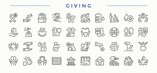 Giving linear icon collection. Containing box, event, packaging, celebrate, birthday, coupon, christmas and more. Outline icons collection. Vector collections. Ribbon modern icon set.