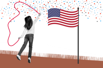 Creative abstract collage of jumping kid girl celebrate 4th july with american flag on pastel background