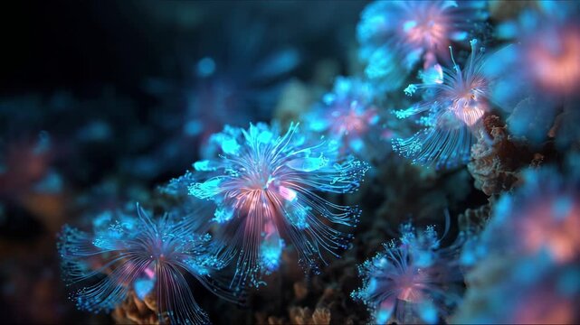 macro shot, a bioluminescent coral reef of ideas, the coral polyps are tiny pixels and glitching data streams, words and prompts flow like schools of neon fish, the heart of the reef pulses with a sof