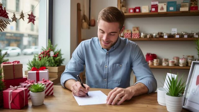 Young happy man sitting at a wooden table in a cafe, writing a christmas greeting card with a pen. He is surrounded by beautifully wrapped red gifts and festive new year's decorations - Powered by Adobe