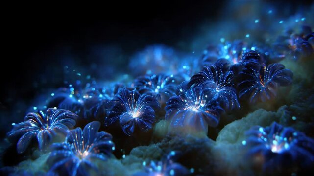 macro shot, a bioluminescent coral reef of ideas, the coral polyps are tiny pixels and glitching data streams, words and prompts flow like schools of neon fish, the heart of the reef pulses with a sof