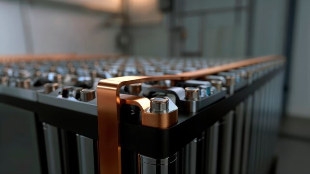 Close-up of a high-capacity battery module with copper busbars and terminals.