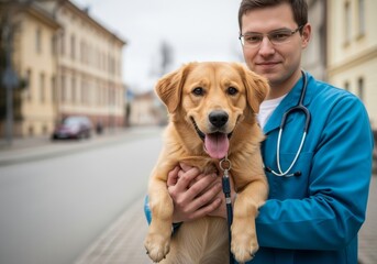 Young man in blue scrubs and stethoscope cradles smiling golden retriever puppy with tongue out on cobblestone street. Blurred yellow buildings and overcast sky evoke gentle, urban outdoor vibe.