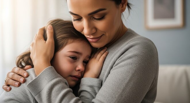 Smiling mother in gray sweater tenderly embraces young daughter in matching sweater on gray sofa in softly lit room with sheer curtains, blue-gray walls, and framed artwork for warm intimate vibe.