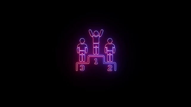 Glowing neon winner podium with 1st, 2nd, and 3rd place icon animation with winner neon color on a black background.