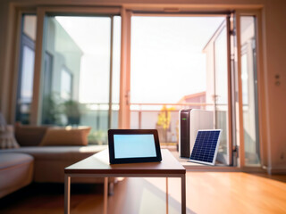 Fototapeta premium Portable solar panel and power station with tablet in a modern smart home. Space for text.