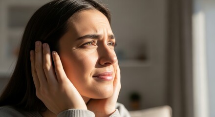 A young woman with dark hair in a gray sweater cups her hands over her ears. With a furrowed brow and pursed lips, she gazes sideways. The softly sunlit room features sheer curtains, a potted plant, a