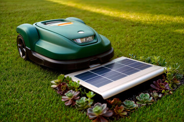 Robotic lawn mower with solar panel charging station on green grass.