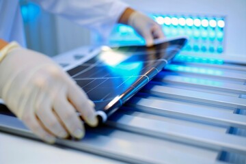 Naklejka premium Scientist in gloves inspecting flexible solar panel in a research laboratory.