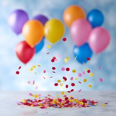 Festive Celebration with Colorful Balloons and Confetti Against a Sky Backdrop