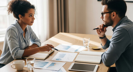 Two colleagues sit across a table reviewing printed charts and notes, pens in hand, glasses of water and a tablet nearby, bright natural light and neutral office setting