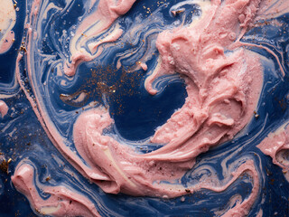 A close-up of creamy pink and blue swirls mixing together, creating a smooth, colorful texture