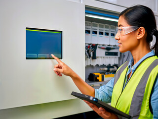 Female engineer using a touchscreen control panel in a modern factory. Space for text.