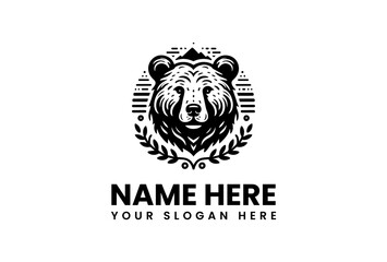 Stylized Bear Head with Mountain Crown and Laurel Wreath in Black and White.