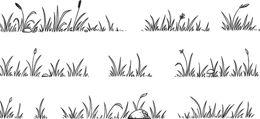 Black and White Hand Drawn Grass Border Elements with Stones and Flowers edge nature