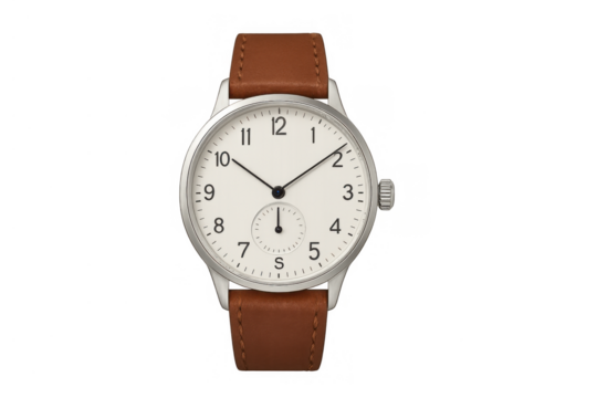 Analog wristwatch with a white dial and brown leather strap, showing classic timekeeping and precision