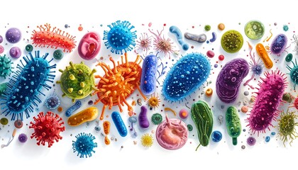 A collection of diverse, colorful germs and microorganisms are scattered across a white background in detailed 3D render