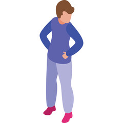 Isometric view of a young person wearing a blue long-sleeved shirt and light purple pants with pink shoes standing with hands on hips looking to the side with a white background