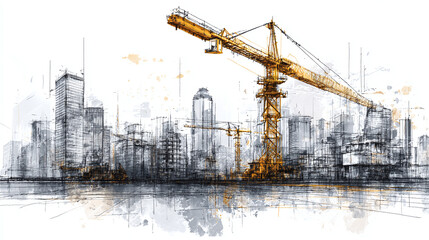 Urban panorama sketched with precision, featuring a dominant yellow crane overlooking the developing cityscape and its towering structures.