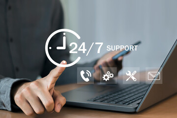 Continuous customer service concept Continuous service without stopping throughout the day or week, 24 hours a day, 7 days a week.
