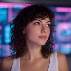 Confident Brunette with Digital Display Background A Modern Portrait of Tech Integration