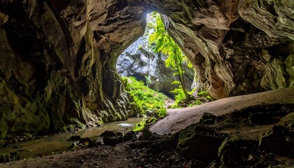 A cavernous entrance with a stream, lush greenery and rock walls leading into the light of the outside world