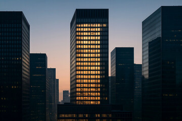 Obraz premium Modern skyscrapers with illuminated windows at dusk 