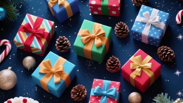 Festive Christmas scene featuring wrapped gifts surrounded by decorations like pine cones, candy canes, and ornaments. Perfect for holiday themes and merry celebrations.