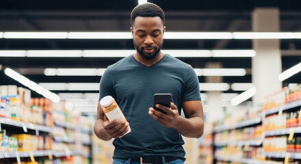 Man comparing prices on phone while shopping in grocery store, consumer decision-making and budgeting