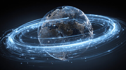 Global Connections: A world encircled by radiant light trails, representing the interconnectedness of technology, communication, and global networks.