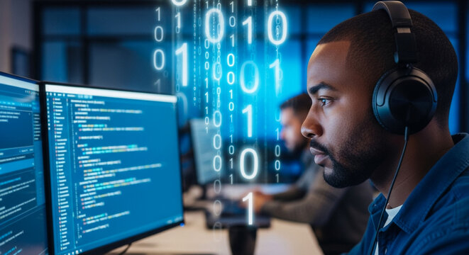 Man coding with headphones startup, focused software developer working on computer programming in modern tech office