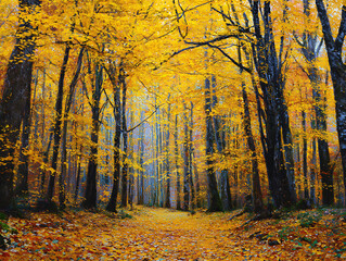 Obraz premium Golden yellow and fiery orange autumn foliage lines a forest path in the woods, a colorful landscape of trees in the fall season