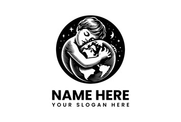 Stylized Embracing Figure Holding Earth Globe with Stars and Crescent Moon.