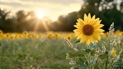 Fototapeta premium Bright sunflowers in field basking in sunlight, symbolizing hope and harmony