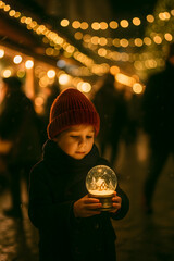Naklejka premium Child Holding Snow Globe at Christmas Market
