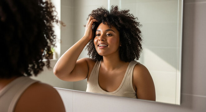 Plus size girl smiling at mirror with joyful expression, promoting self-confidence and body positivity