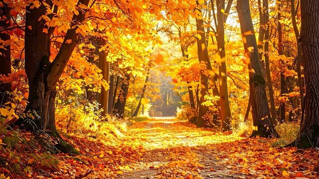A sunlit forest path covered in vibrant orange and golden autumn leaves, leading deeper into the glowing woods
