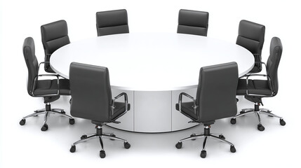 Fototapeta premium A round table with a white top and eight black office chairs is set against a bright backdrop for a meeting or conference setting.