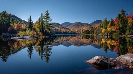 Obraz premium Serene lake reflecting a vibrant forest and clear sky, framed by rocks in the water creating picturesque nature scene. A tranquil beauty.