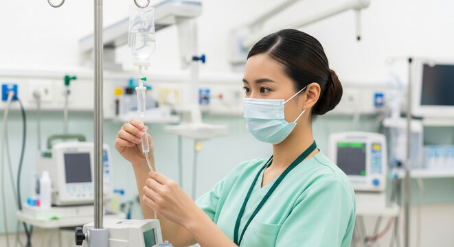 Nurse checking IV line in hospital ward, patient care and medical monitoring