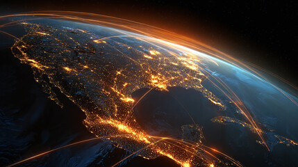 A high-angle view of planet Earth, showcasing city lights and network lines. Space, earth, city illumination, interconnections are the focus.