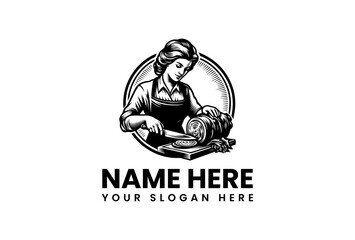 Vintage Style Woman Slicing Meat Roll on Wooden Board Illustration.