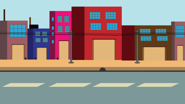 Colorful building in the city street vector illustration with buildings, sidewalk, and power lines, flat urban landscape background