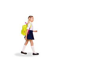 Fototapeta premium Composite photo collage of happy blonde girl walk school carry backpack supplies preparation education isolated on painted background